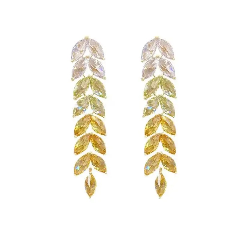 ZAKOL Gradient Purple Wheat Earrings Shiny Leaf Colorful Zircon Long Drop Earring Luxury Jewelry Gifts