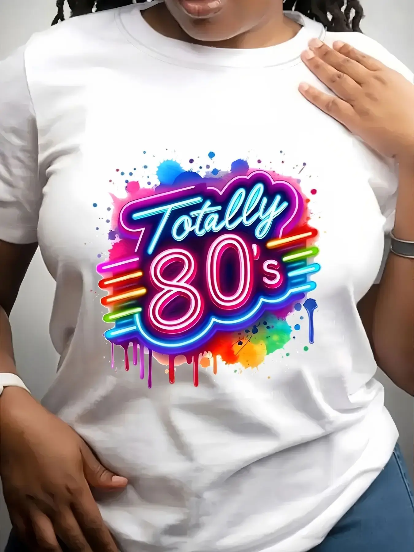 Women's Trendy Crew Neck T-Shirt Totally 80S Neon Splash Design Suitable for Casual Sportswear