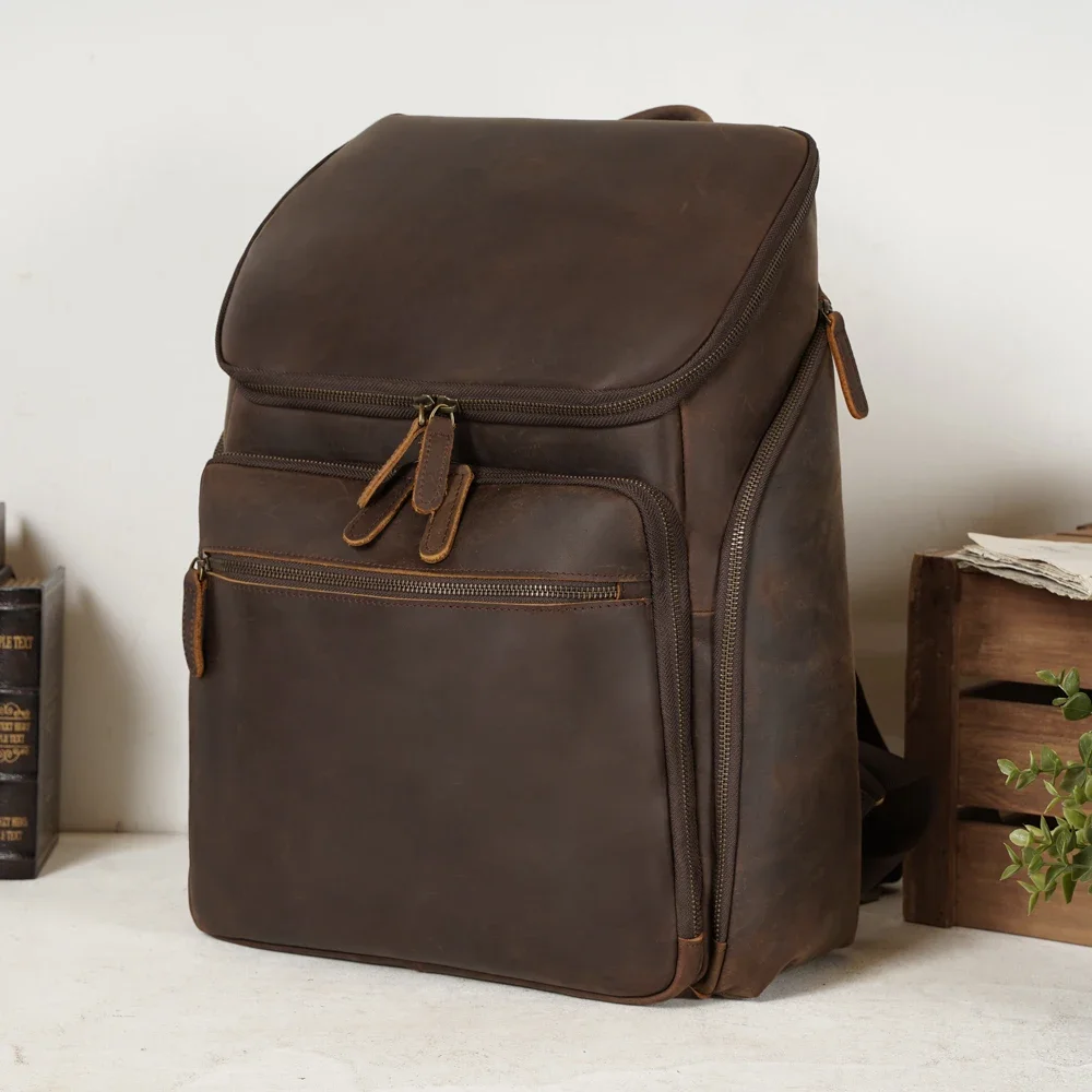 High Quality Classic design Dark Brown Male Genuine Leather Back Pack Bag 15.6 Inch Laptop Backpack 