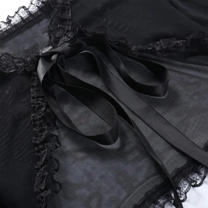 R3MC – haut court évasé à manches longues pour femmes, gothique, Punk, Vintage, esthétique, garniture en dentelle, transparent,