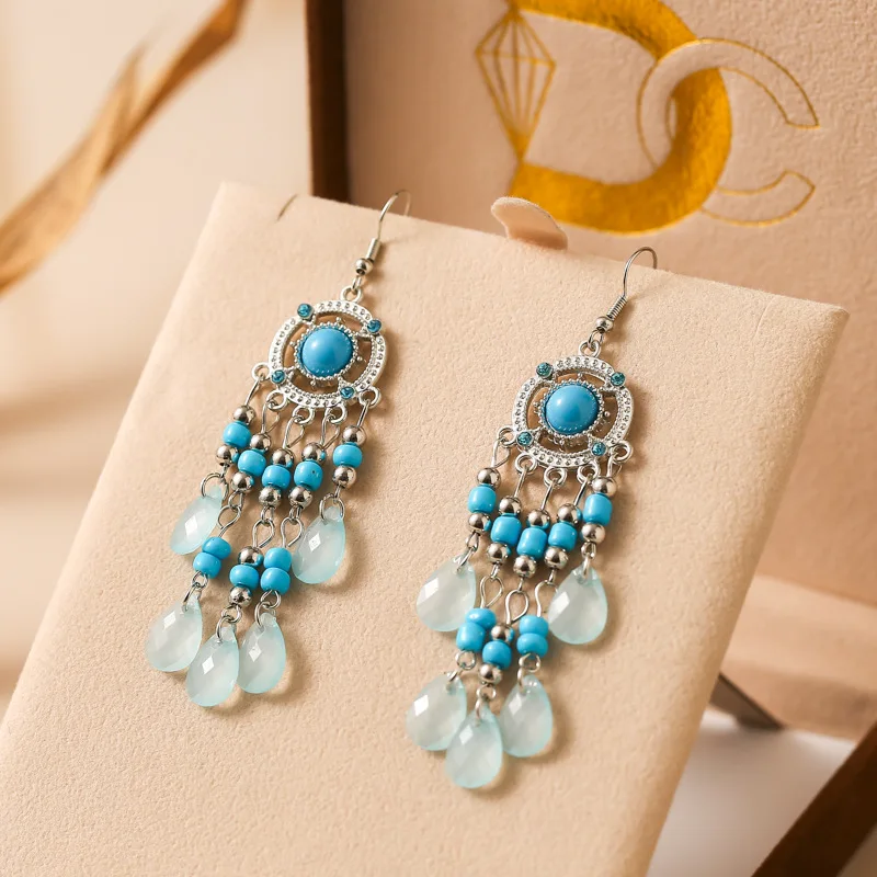 New Multilayer Acrylic Rice Bead Water Drop Earrings for Women Bohemian Long Silver Color Metal Ethnic Earring Vintage Jewelry