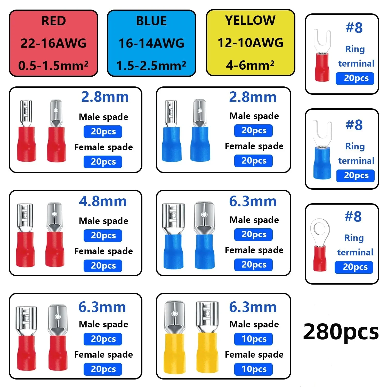 280pcs Electrical Tube Insulated Terminal Crimp Terminals Red Blue Yellow Durable Wire CableConnector Terminal Connectors