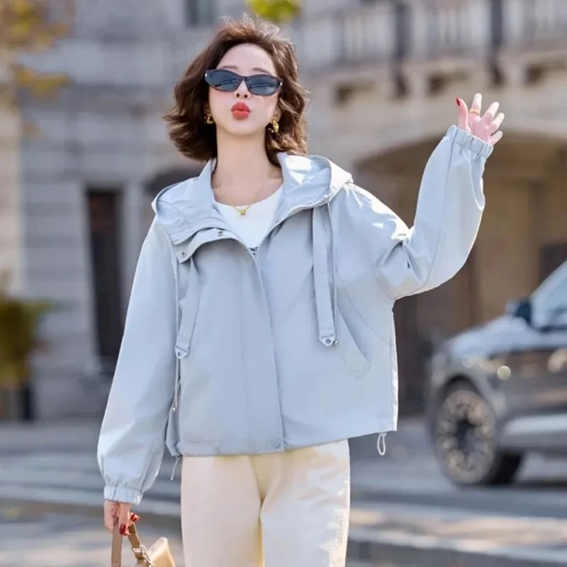 Paars windjack dames korte jas nieuwe lente herfst high-end rits capuchon vrouwelijke casual wilde losse geul uitloper