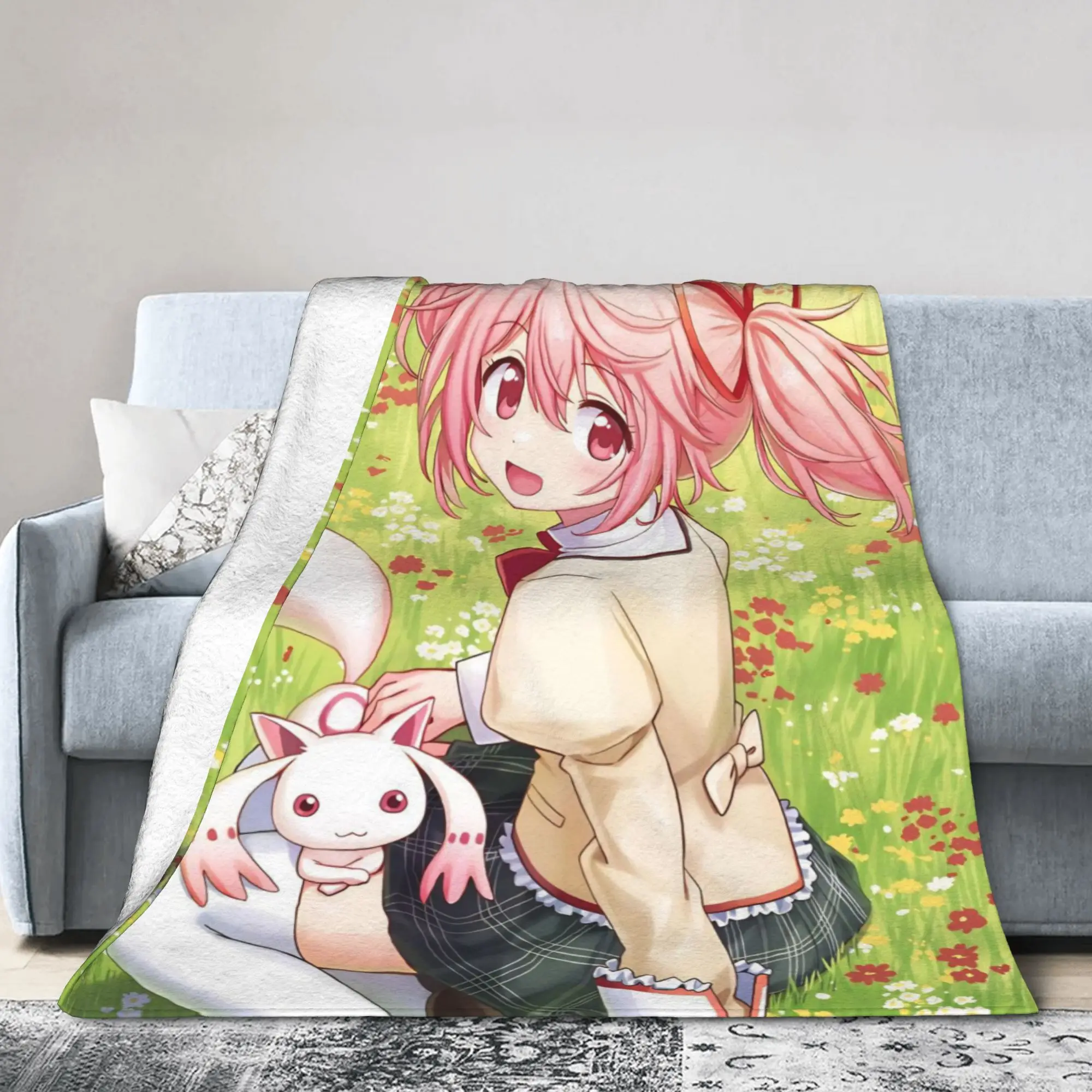 Kawaii Madokas Anime Magica Blanket Flannel All Season   Multifunction Super Soft Throw Blankets for Sofa Couch Bedspread