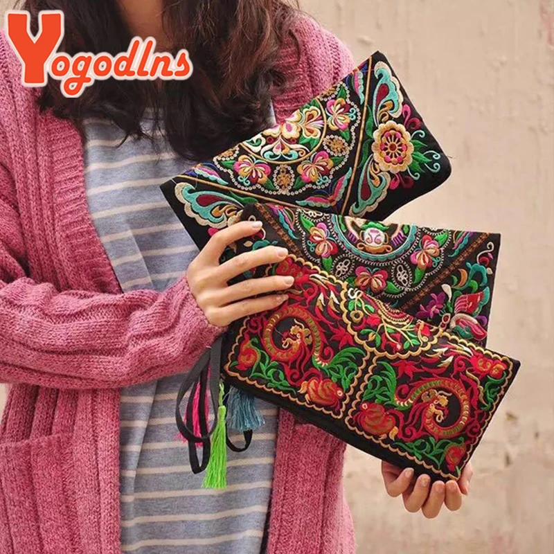 Yogodlns Ethnic Style Embroidered Handbag Female Fashion Shopping Clutch Purse Vintage Envelope Bags Designer Lady Wallet Bolsa