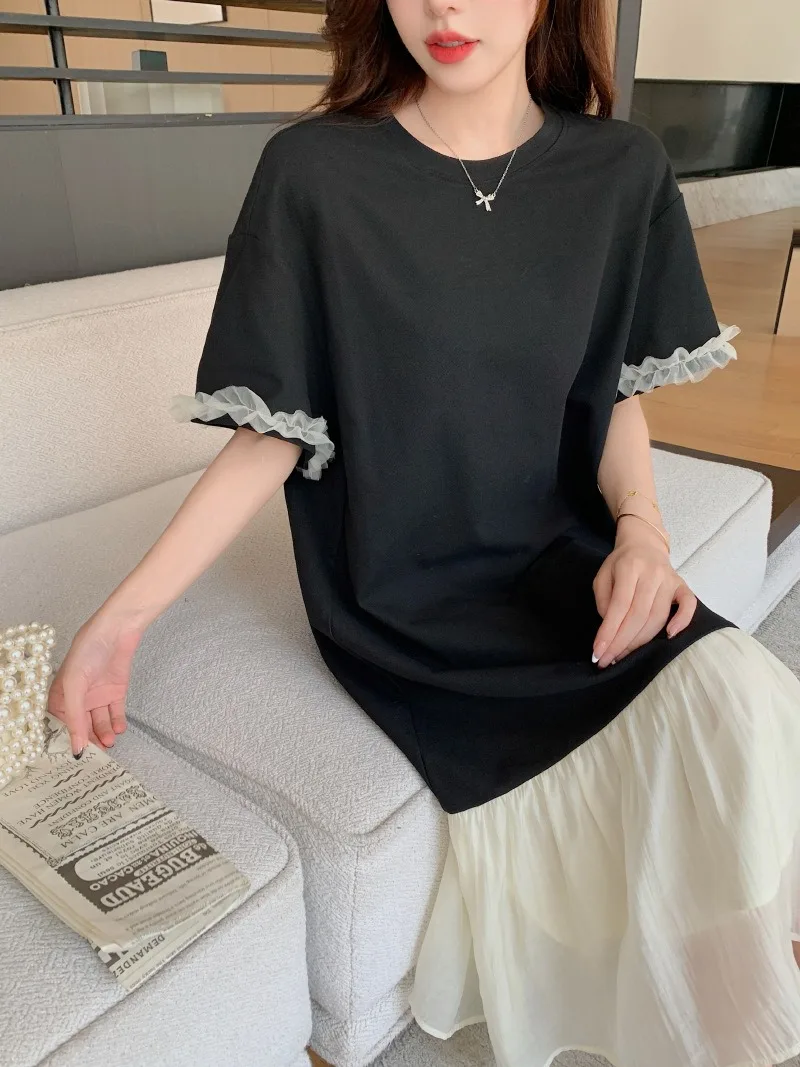 夏の新しい女性の裏地ドレス黒レース半袖 Tシャツドレススプライシングマキシフィッシュテールドレス女性服