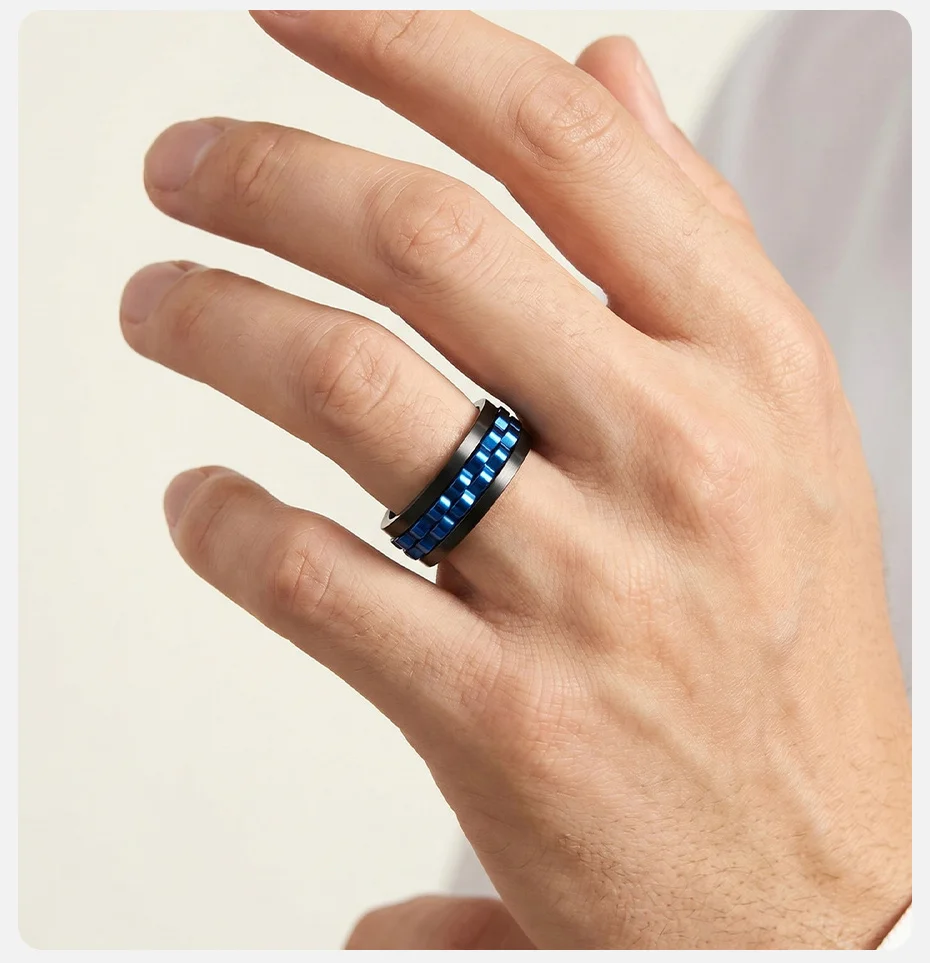 Vnox 8mm Drehbarer Schwarz/Blauer Zahnrad-Fidget-Ring für Männer und Jungen, Edelstahl Anti-Stress Angst-Spinner-Ring, Punk-Schmuck Geschenk – Detail 4