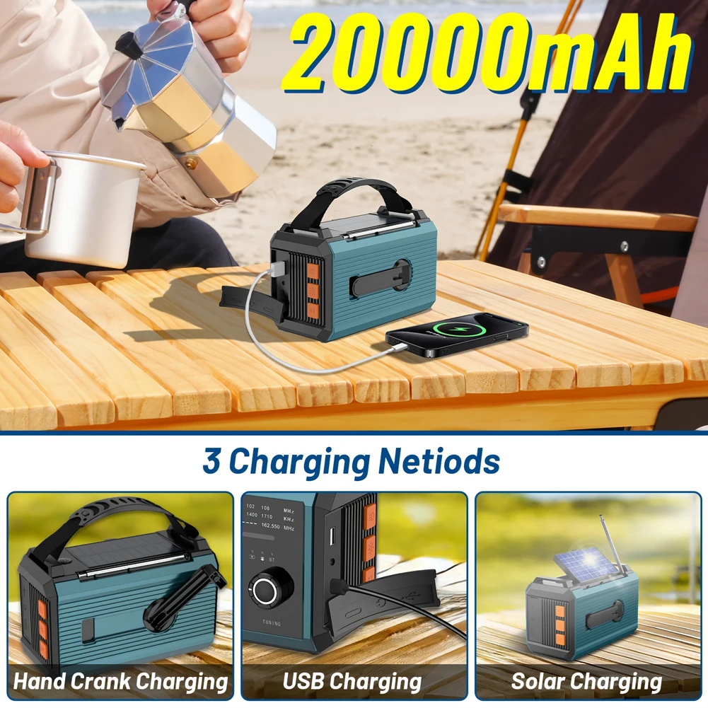 20000mAh Emergency Radio AM FM NOAA Hand Crank Solar Weather Alert Radio SOS Alarm Compass Cell Phone Charger Radio for Outdoor