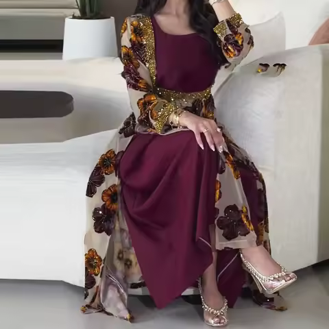 Elegant Lady Floral Printed Vintage Long Dress New Autumn Chiffon Party Dress Leisure Long Sleeve High Waist Pleat Evening Dress