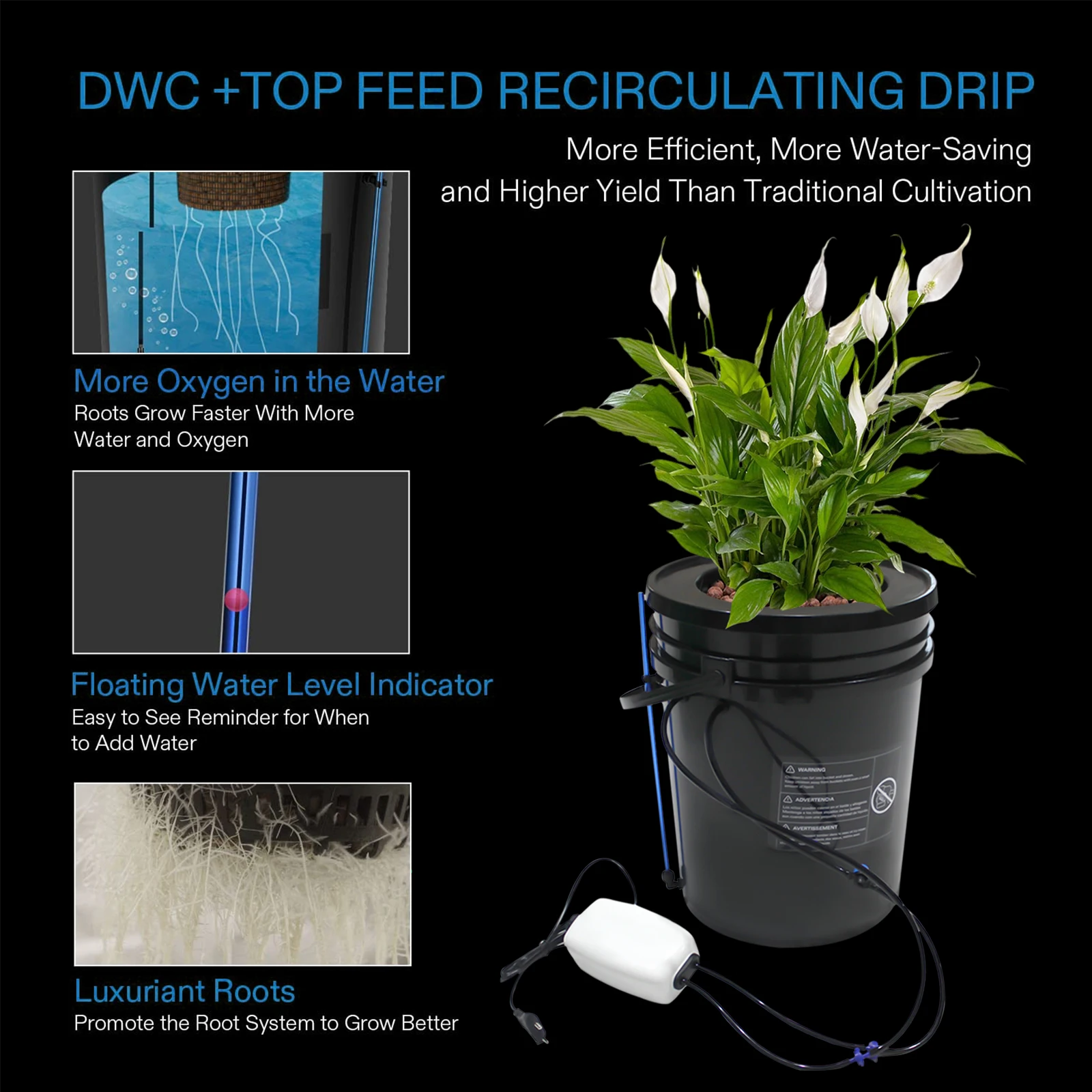 5-Gallon Hydroponic Growing System Kit Deep Water Culture DWC  Recirculating  Drip Garden System 110V (1 Bucket + Reservoir Kit)