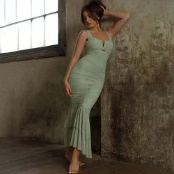 Solid Color Sexy Hot Suspender Patchwork Dress Body Shaping Hip Hugging Pleated Fish Tail Skirt Women's Elegant Party Dress