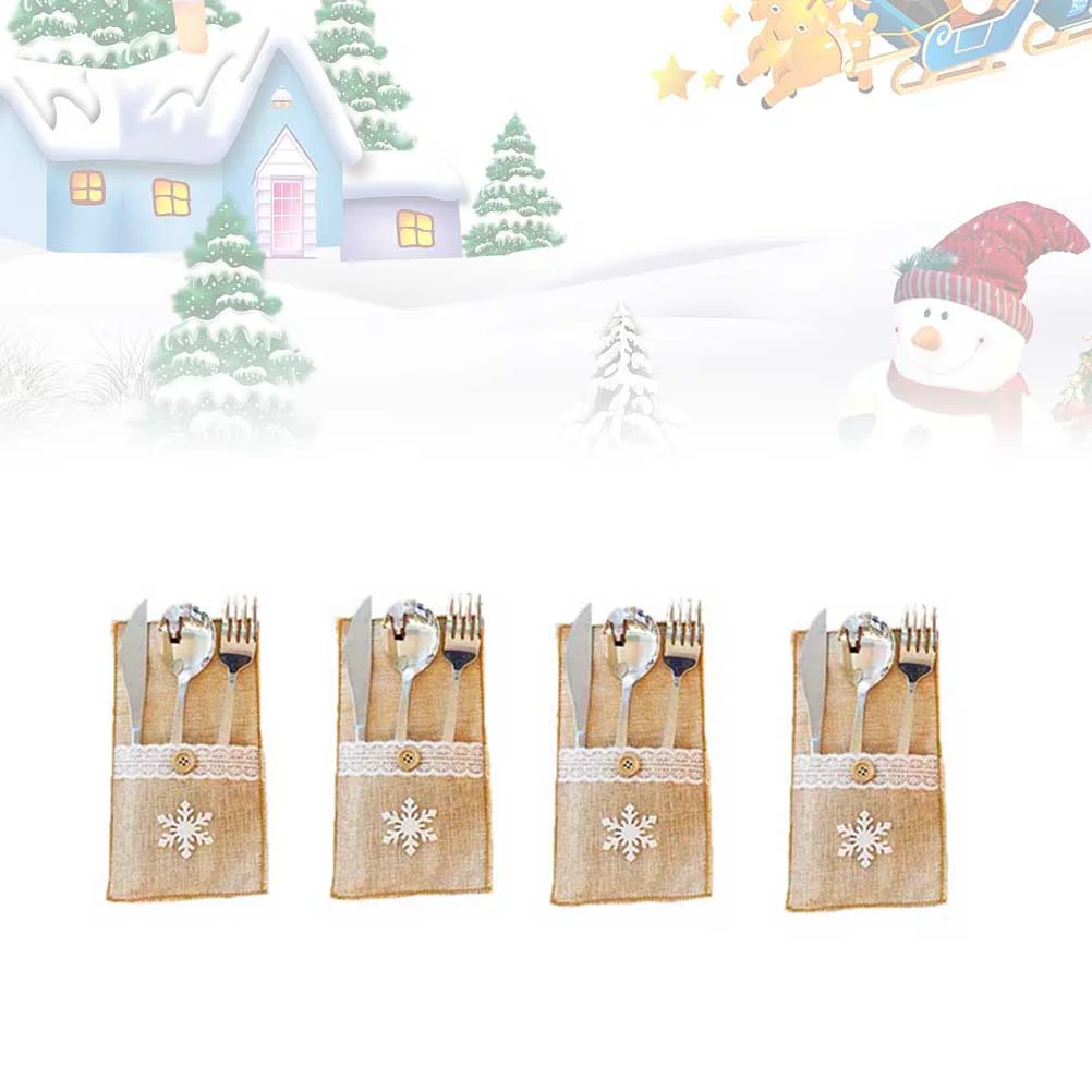 

8Pcs Christmas Linen Tableware Bags Knives Forks Spoons Cutlery Bags for Hotel Restaurant Snowflake Pattern