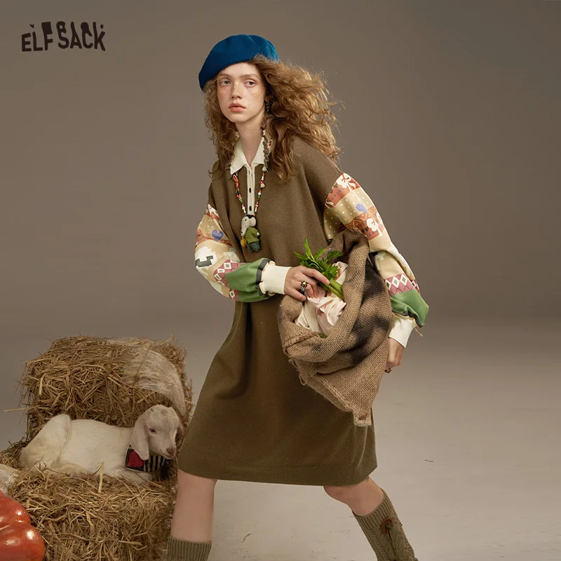 ELFSACK 2025 automne nouveautés décontracté Y2K Style campagnard Patchwork manches col à volants robe pour femme