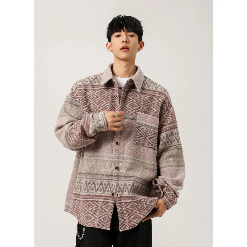 

Long Sve Retro Men's irt Casual Sle Turn-down Collar Cardigan Youthful Trendy Polyester Cotton Blend Spring Autumn Wear