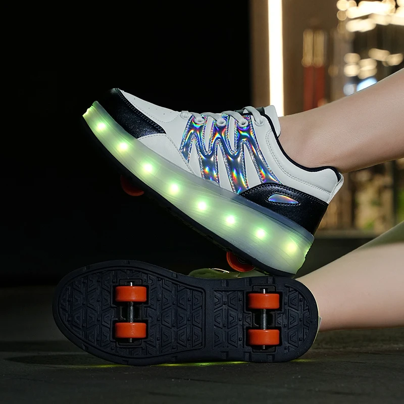 Kids Detachable Double-Row 4 Wheels Roller Skates Shoes Boys Girls Recharge LED Flash Shoes Children Luminous Casual Sneakers