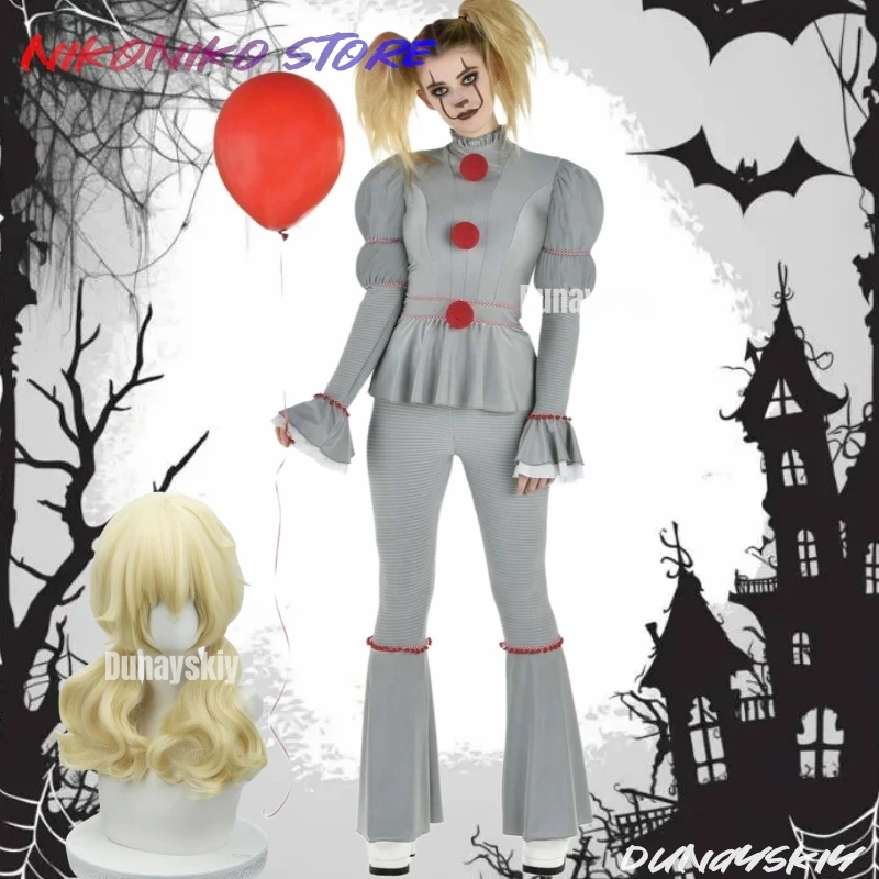 Pennywise تأثيري حلي هالوين فيلم مهرج شعر مستعار بانت Genderswap الرعب مخيف الرعب هالوين المرأة زي أنيمي S-xl #1