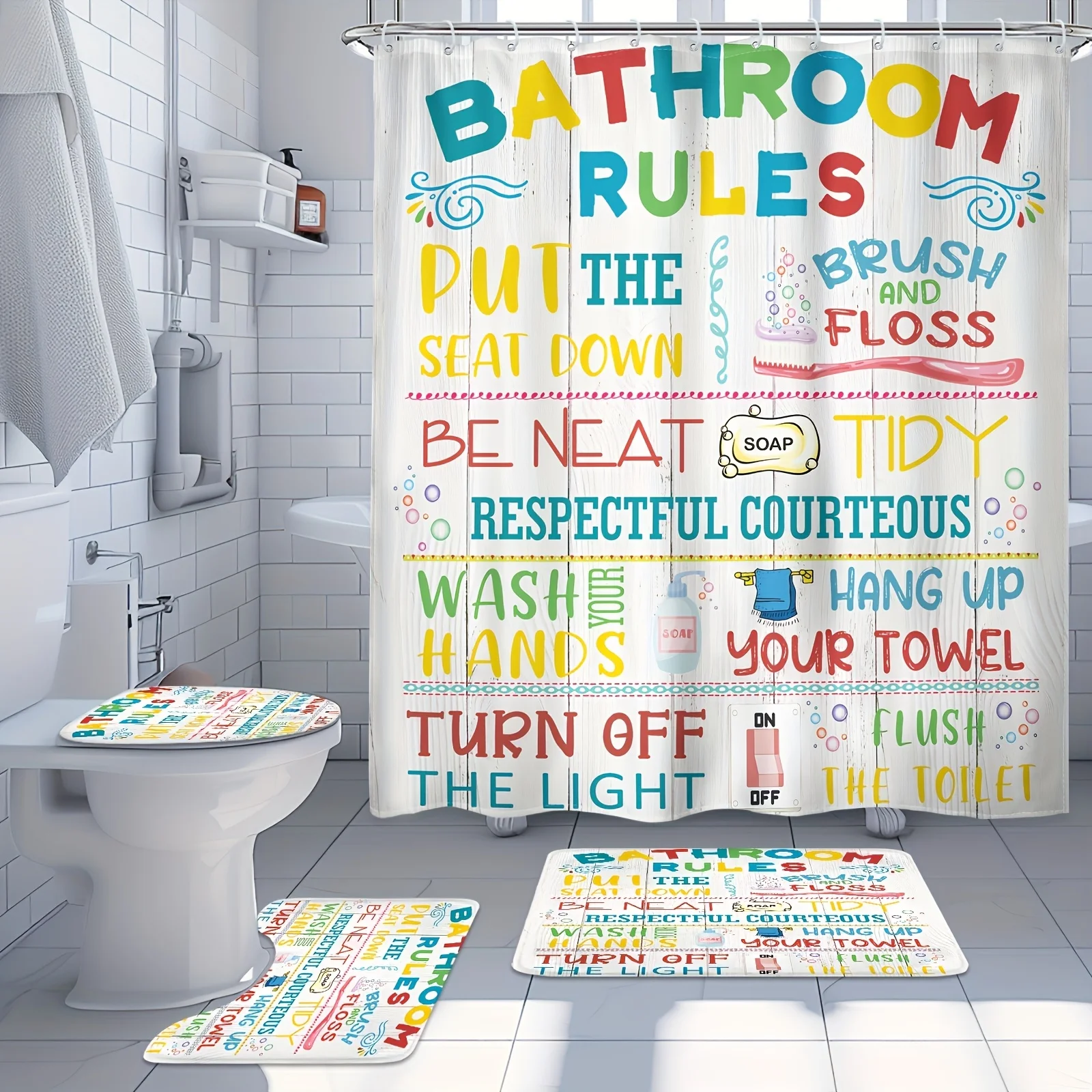 Funny Bathroom Rules Shower Curtain Set Cute Bathroom Decor for Home Bathroom Accessories