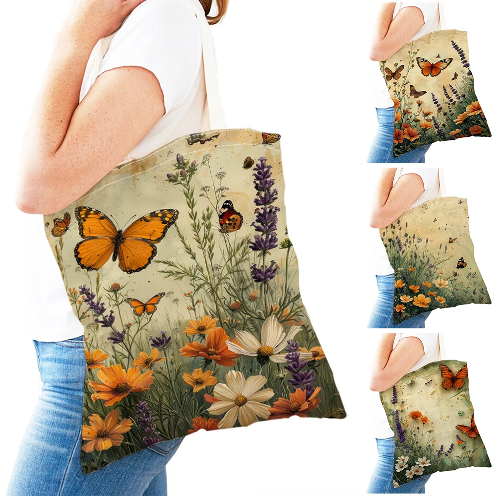

American Country Girl Shoulder Tote Handbag Nostalgic Forest Butterfly Women Shopper Bag Eco Lady Lightweight Shopping Bags