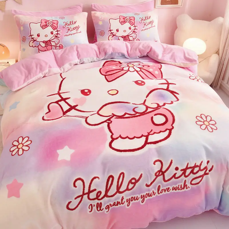 Новый Hello Kitty My Melody Cinnamoroll с мультяшным принтом, осенне-зимний комплект простыни и пододеяльника для спальни в общежитии