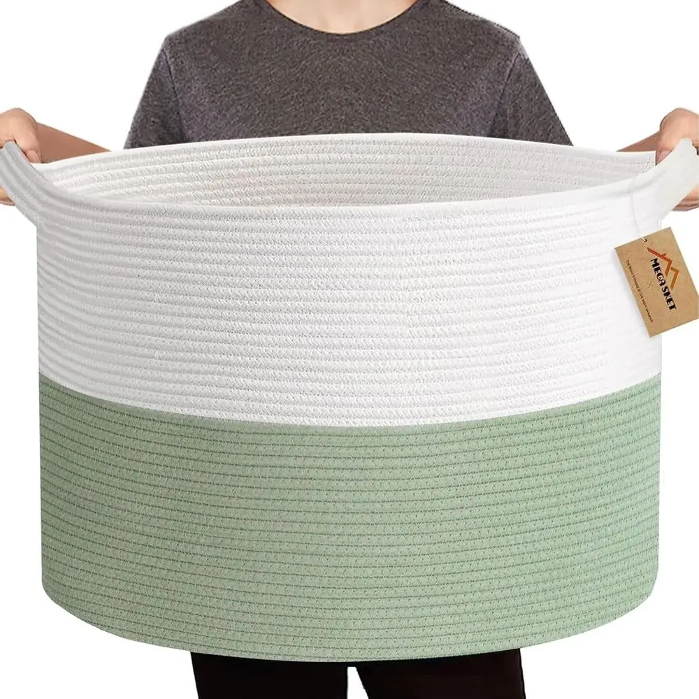 

Large Woven Storage Basket for Kids, Dogs, and Blankets, 22x22x14, Green Cotton Rope Bin for Nursery and Living Room