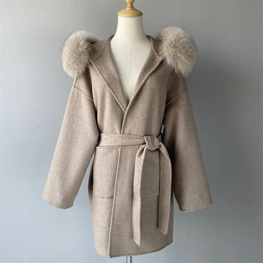 Jxwatcher wollen jas en mengsels mode middellange kasjmier jas met capuchon 100% echte vossenbontkraag manchetten winterjas voor dames - afbeelding 1
