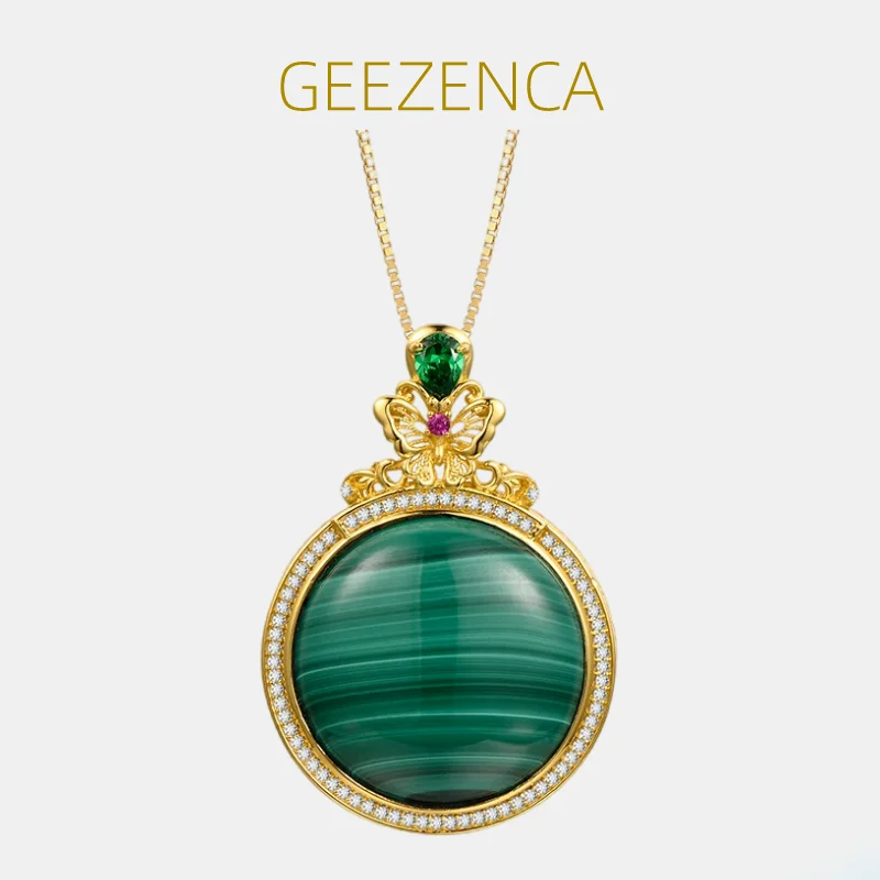 

GEEZENCA Vintage Natural Malachite 925 Silver Big Pendant For Necklace Luxury Pave Setting Zircon Gemstone Pendants No Chain