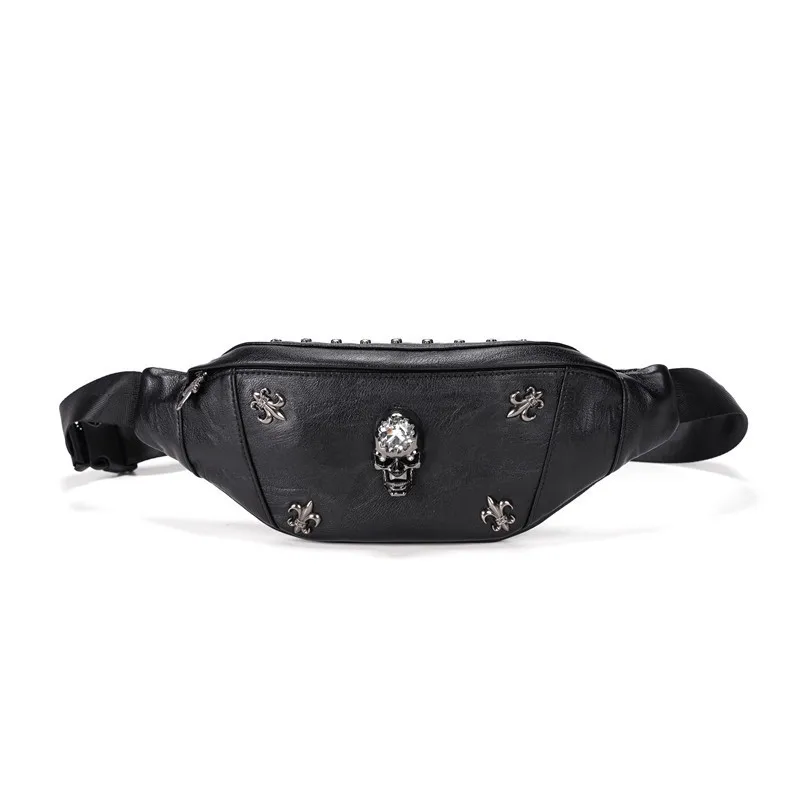 Annmouler 2022 Unisex Waist Packs Punk Style Fanny Pack Black Leather Skull Chests Bag Designer Rivet Phone Pouch Adjustable Bag