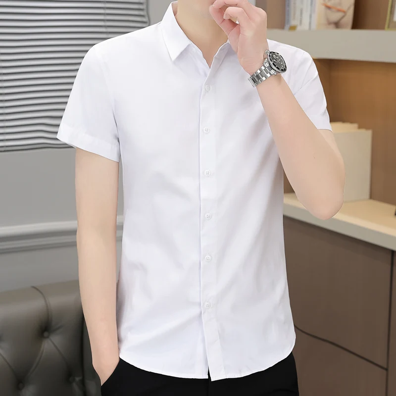 Summer Men\'s Clothing Turn-down Collar Solid Color Button Short Sleeve Cardigan Shirt Business Boyfriend Office Lady Tops