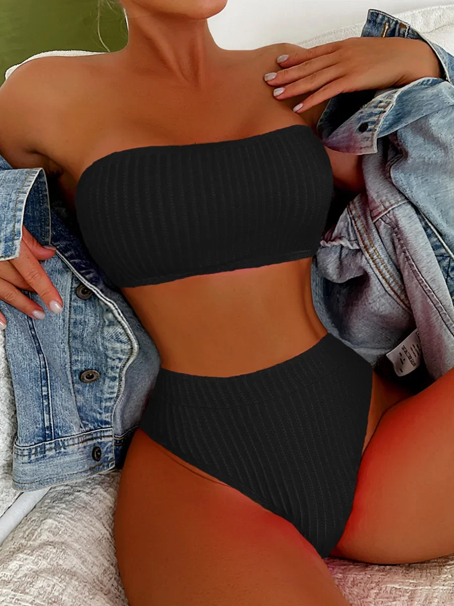 S - XL Wrinkled Bandeau Bikinis Female Swimsuit High Waist Bikini Women Swimwear Two-pieces Bikini Set Bather Bathing Suit Swim