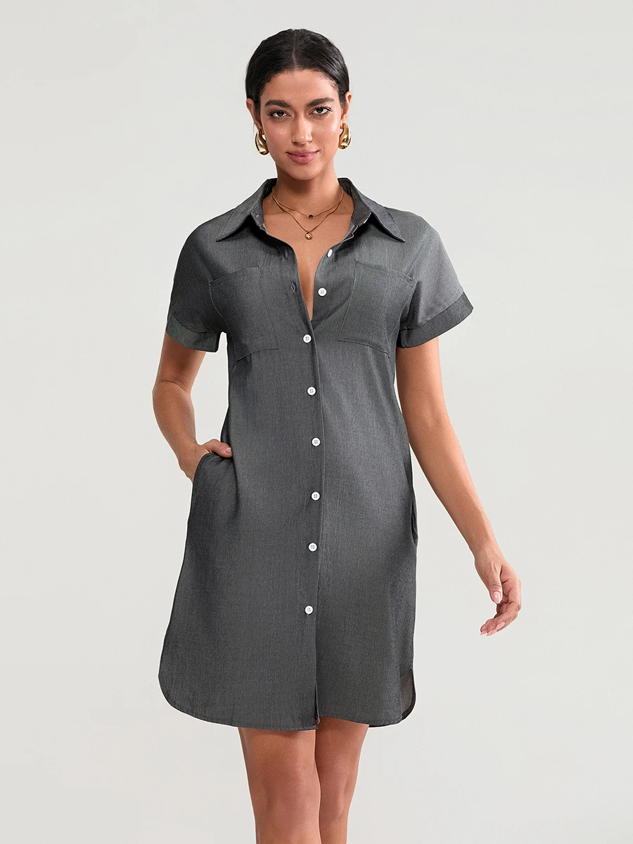 Women Denim Shirt Dress Button-down Pocket Lapel Neck Short Sleeve Curved Hemline Summer Dresses