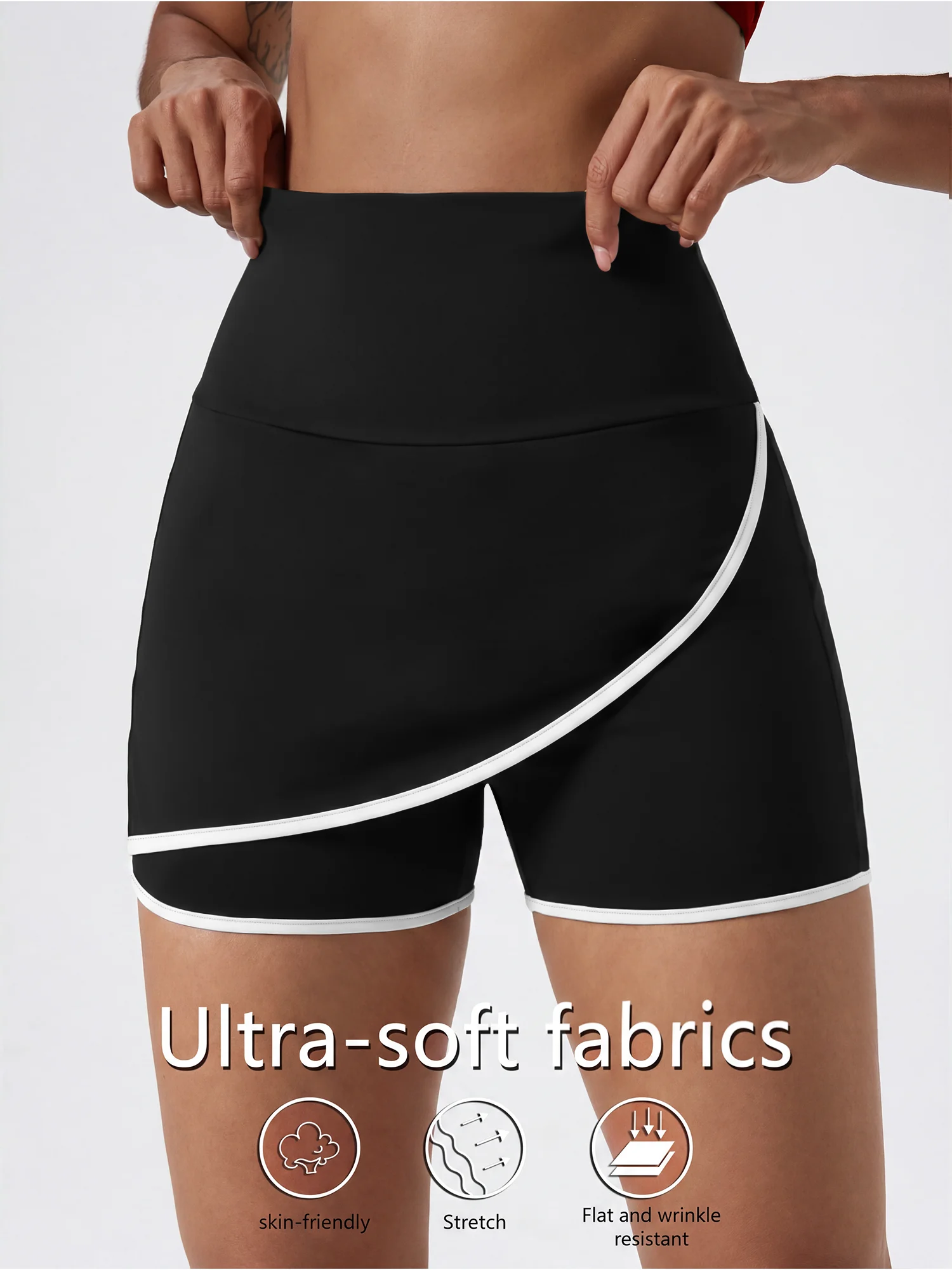 Womens Tummy Slim High Waist Shorts Fake Wrap Skirt Panel Design Active Gym Yoga Shorts