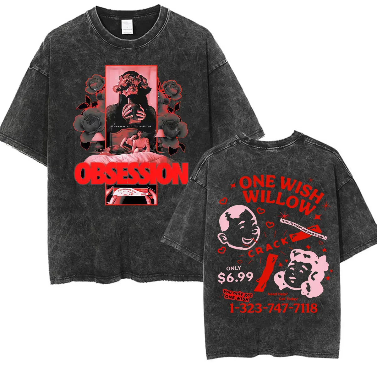 Obsession One Wish Willow Washed T-shirts Men Women Fashion Vintage Oversized T Shirts Harajuku Cotton T-shirt Y2K Clothes