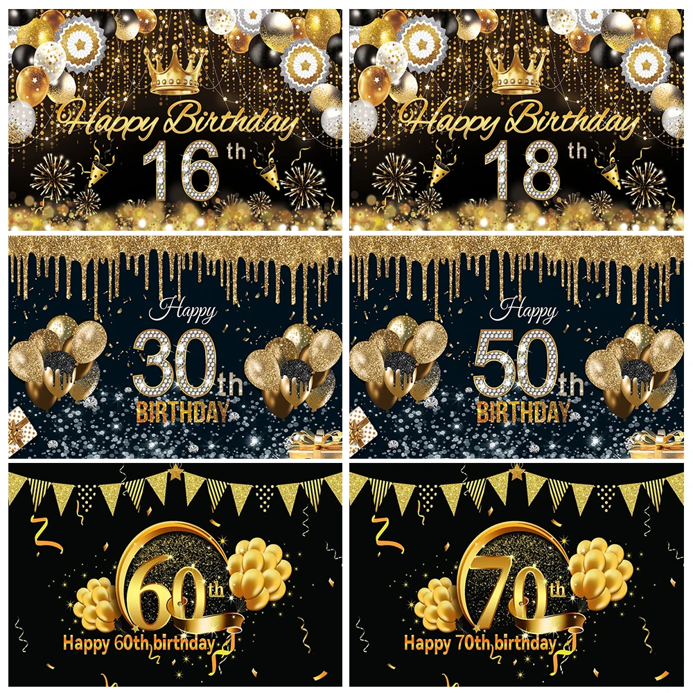 

Black and Gold Balloons Birthday Photo Backdrop Woman Man 30 60 70 Years Old Photography Background Diamonds Banner Decor Props