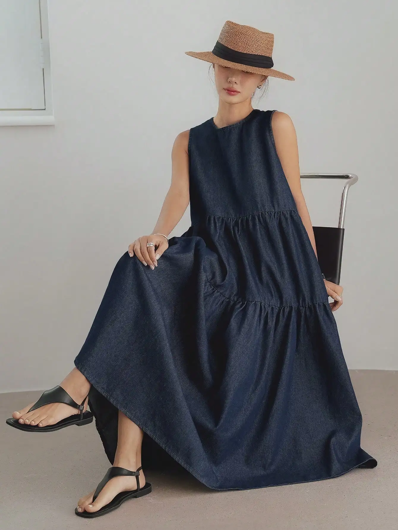 

Women's Sleeveless Tiered Denim Maxi Dress, Loose Fit, Dark Wash, Casual Summer Style
