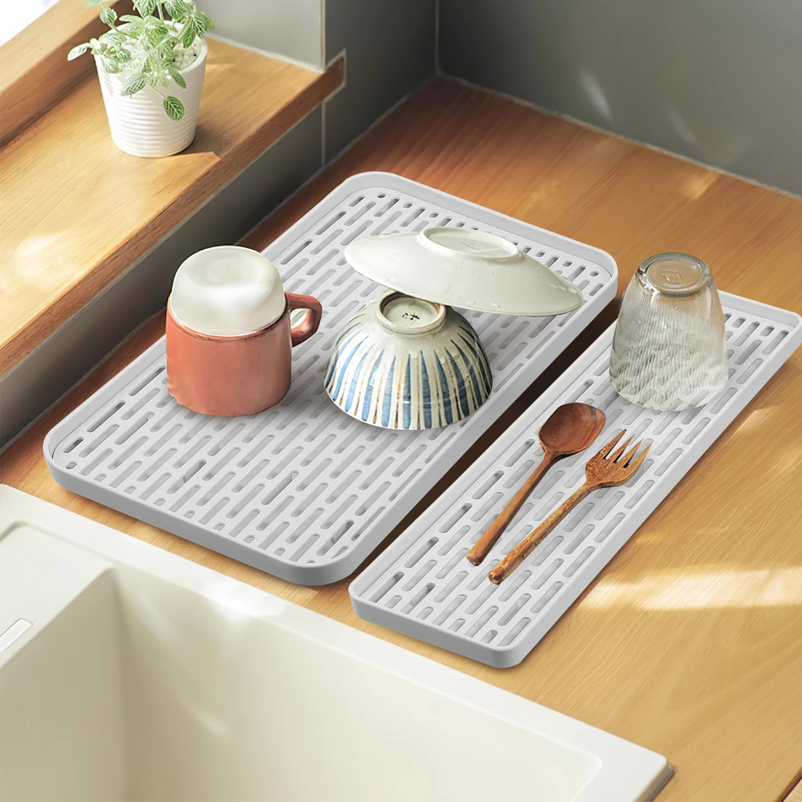 

2pcs Drainer Tray Dish Drying Rack 38x10.5x2cm Kitchen Counter Drain Board Mat Pad Easy Cleaning No Soaking Small Size