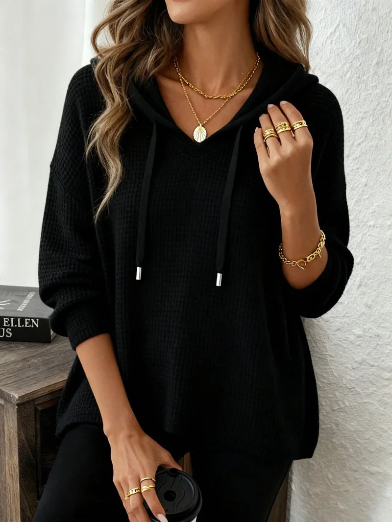 Women's New V Neck Henley Hooded Pullover Sweatshirt Drawstring Long Sleeve Loose Fit Trendy Casual Office Daily Wear Hoodie Top