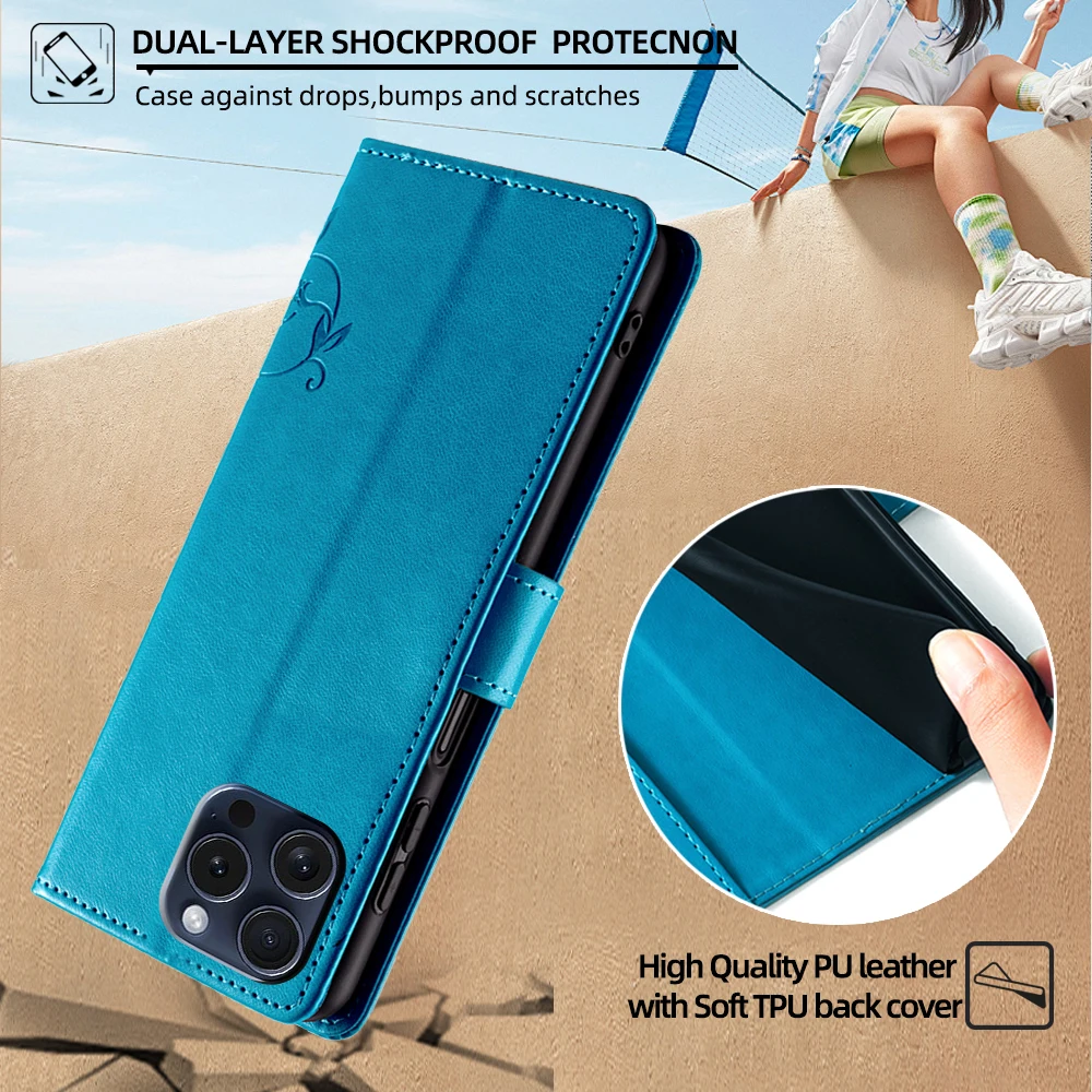 

Embossed Butterfly Vine Flip Wallet Phone Case for Apple iPhone 17 16 15 14 13 12 11 Pro Max 16e 17e X XS Cases with Wrist Strap