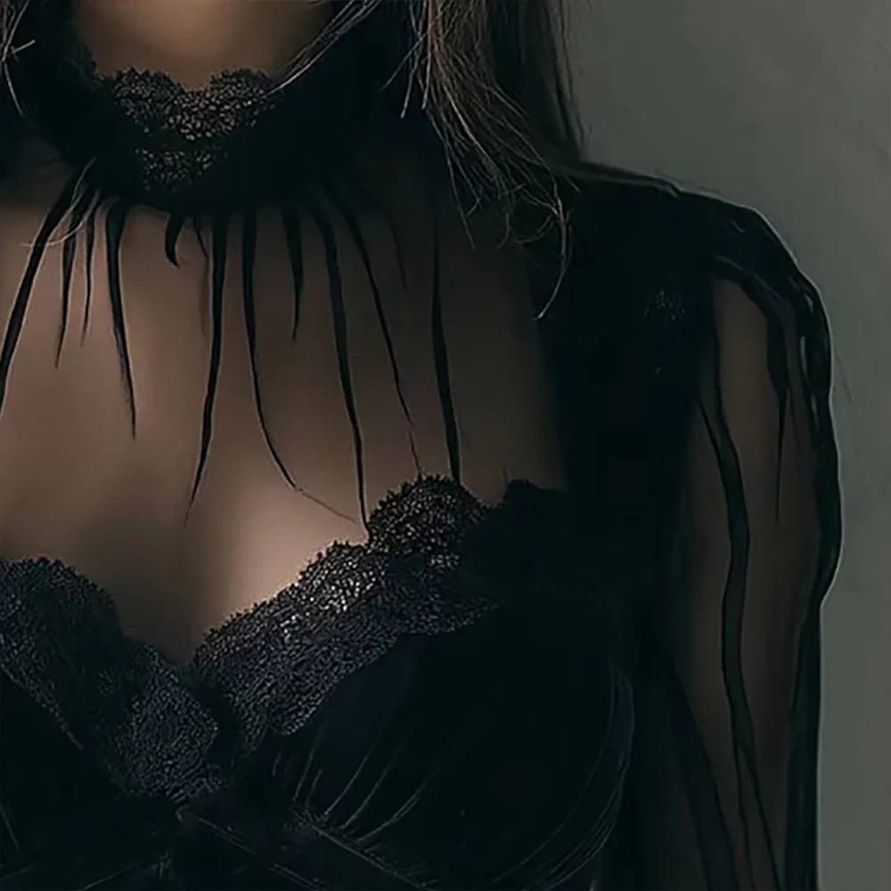 Vintage elegante malha blusa feminina malha preta pura magro alta pescoço renda gótico punk espartilho topo manga longa veludo moda blusas