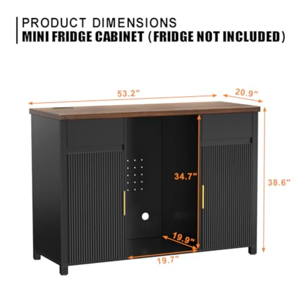 53.2" Coffee Bar Cabinet with Fridge Space,Fluted Sideboard,Black | Power Outlet, Stemware Rack, 2 Drawers, 2 Cabinets - view 3