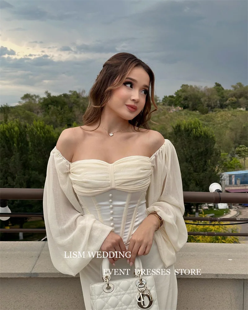 LISM เจียมเนื้อเจียมตัวงาช้าง Mermaid ซาอุดีอาระเบียผู้หญิงชุดราตรี SWEETHEART พัฟแขนยาวปิดไหล่ชุดราตรี