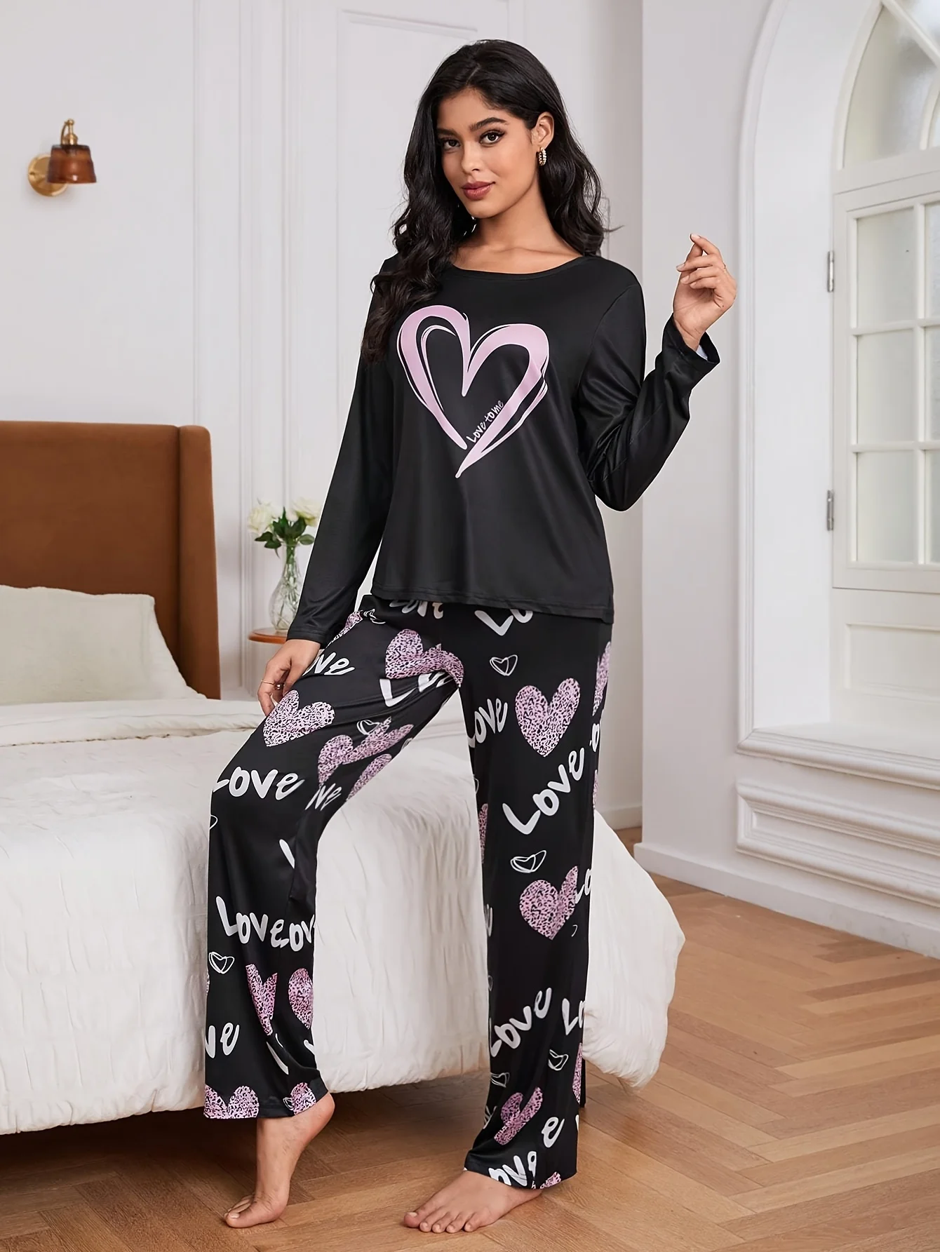 Love letter print pajama set with long sleeve crew neck top and elastic belt pants