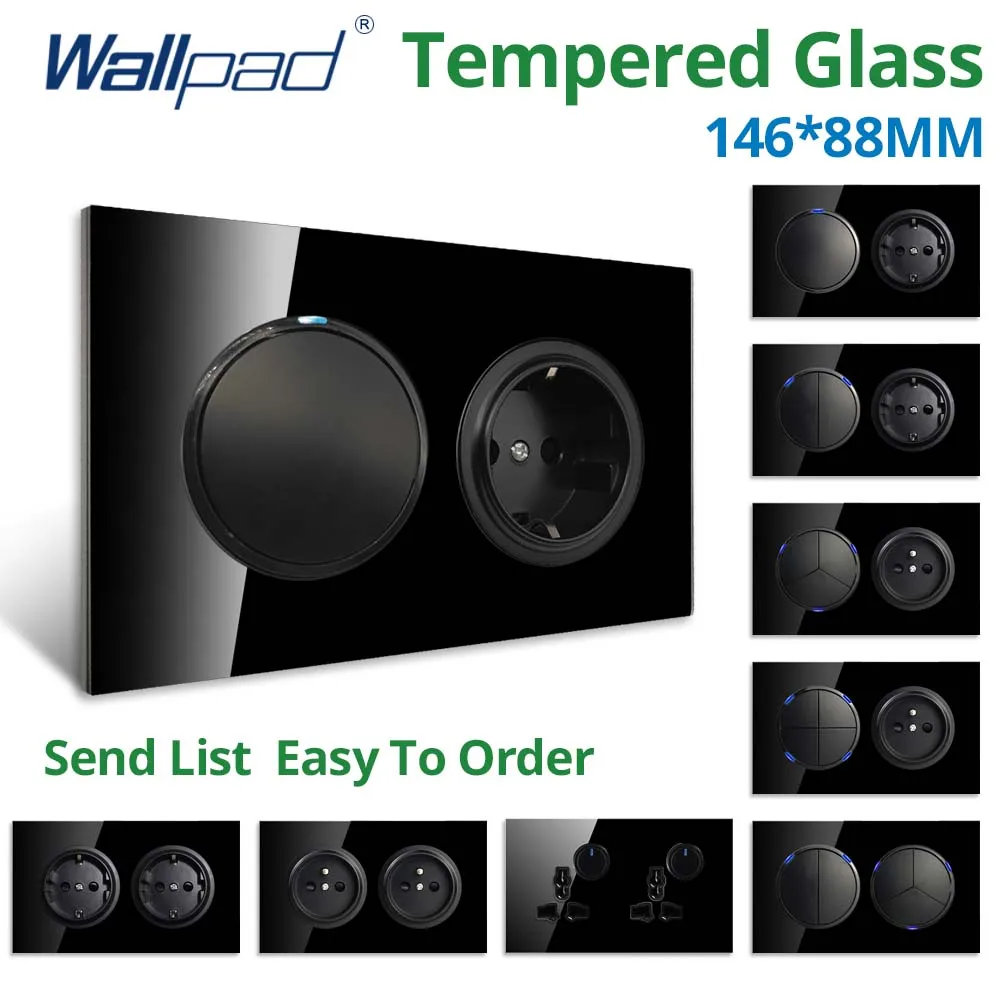 Wallpad USB EU UK Electric Socket Outlet Wall 1 2 3 4 Gang Switch and Black 146*88mm Double Glass Panel Round Button