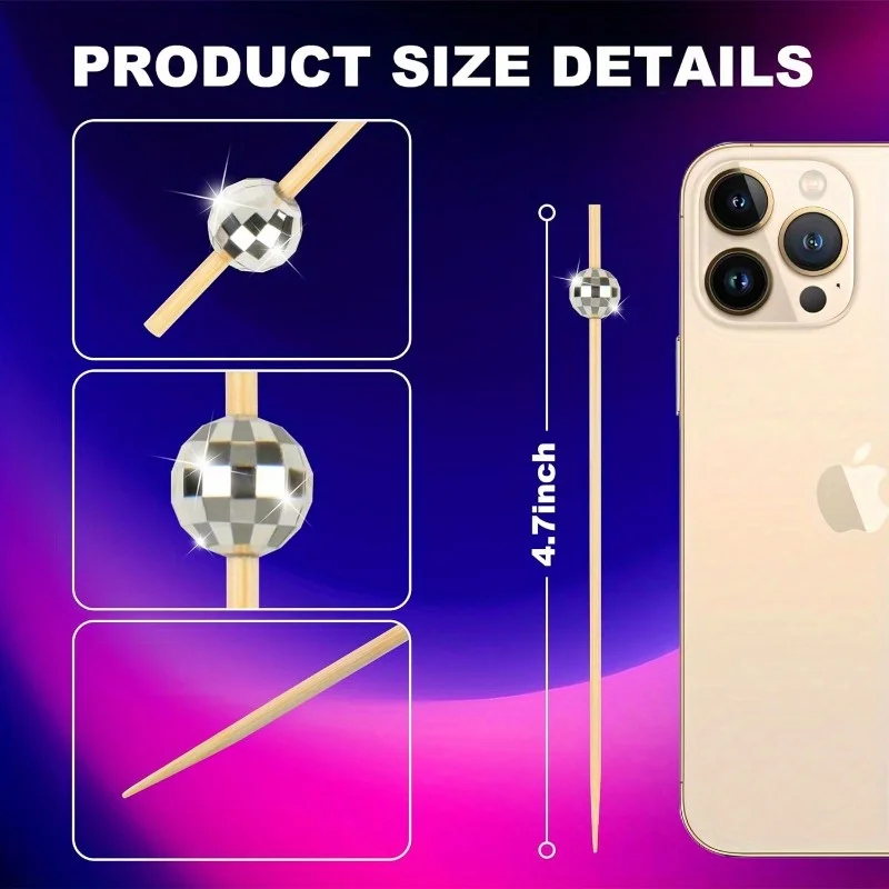 Cocktail Picks Disco Ball Decor, Fancy Toothpicks for Appetizers, Bamboo Skewers for Appetizers, Drinks,Disco Party Decorations