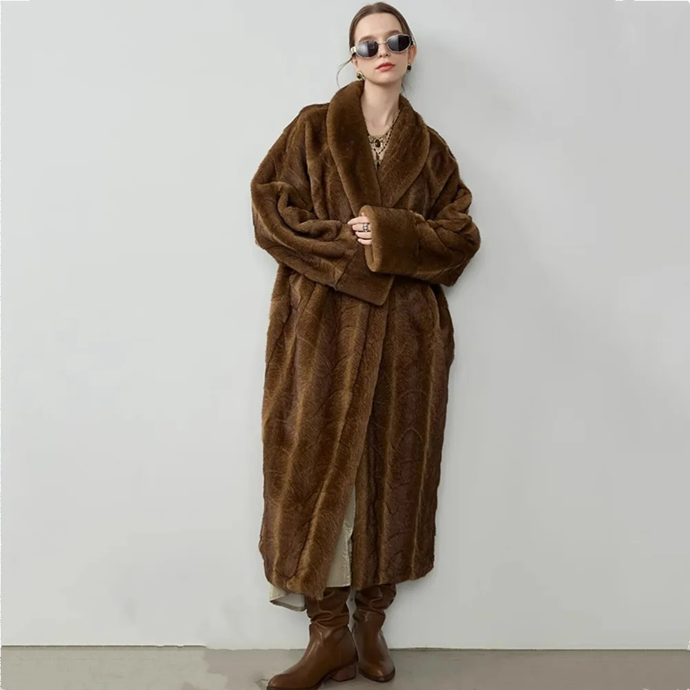 Winter Retro Sjaalkraag Open Stiksels Vleermuis Mouw Gradiënt Koffie Faux Nertsen Bontjas Vrouwen Oversized Losse Warme Lange Bovenkleding