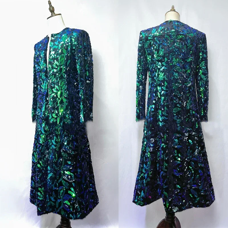 

Мужской джазовый танцевальный костюм с зелеными блестками, длинное пальто, барная куртка для мужской певицы, одежда в стиле хип-хоп, наряд для выступления на сцене, клубная одежда XS5182