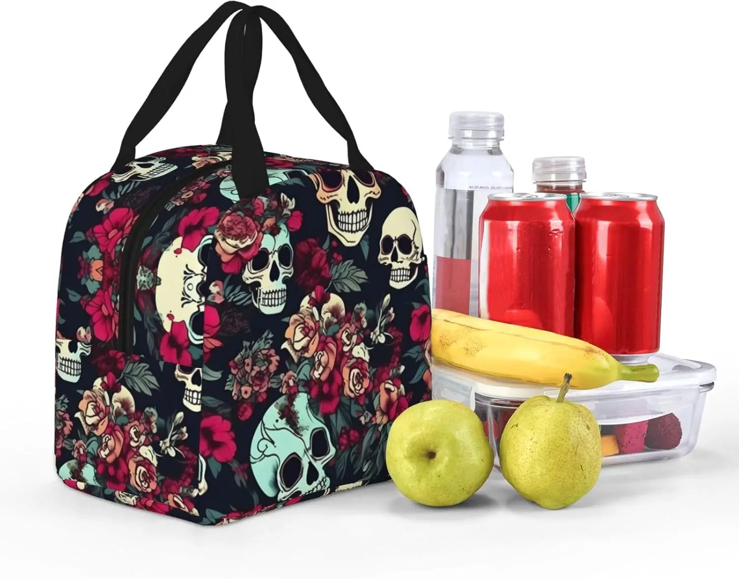 Bolsa de almuerzo con aislamiento con estampado de calaveras florales coloridas, fiambrera reutilizable con bolsillo frontal para trabajo y contenedor de Picnic impermeable