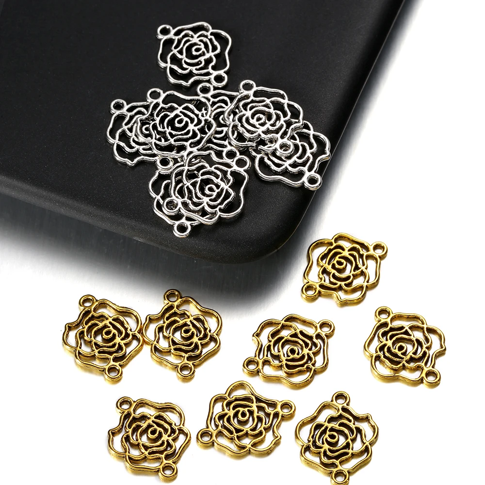 50pcs 17x13.5mm Hollow Flower Connector Gold Color Alloy Charms Pendants For DIY Bracelet Necklace Jewelry Making Accessories