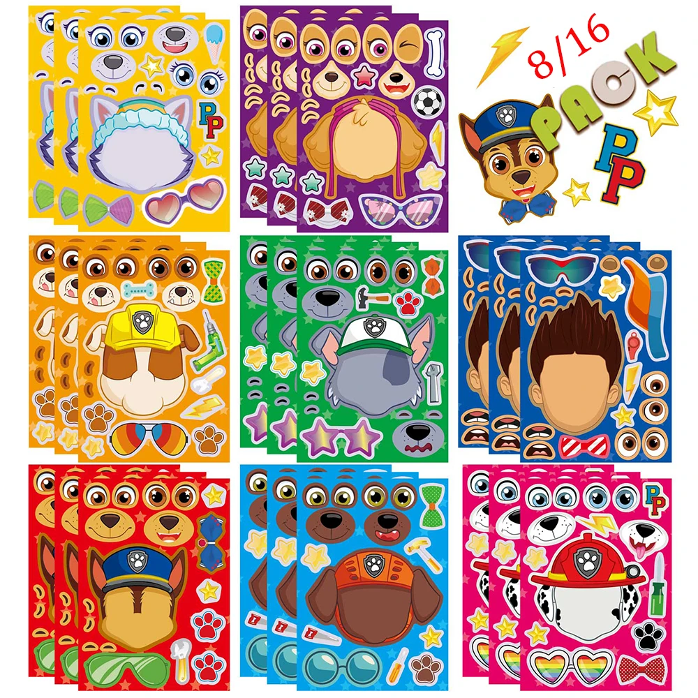 8/16sheets Cartoon Anime PAW Patrol Puzzle Stickers Cute Ryder Chase Make a Face DIY Funny Creative Assemble Jigsaw Decals Gift