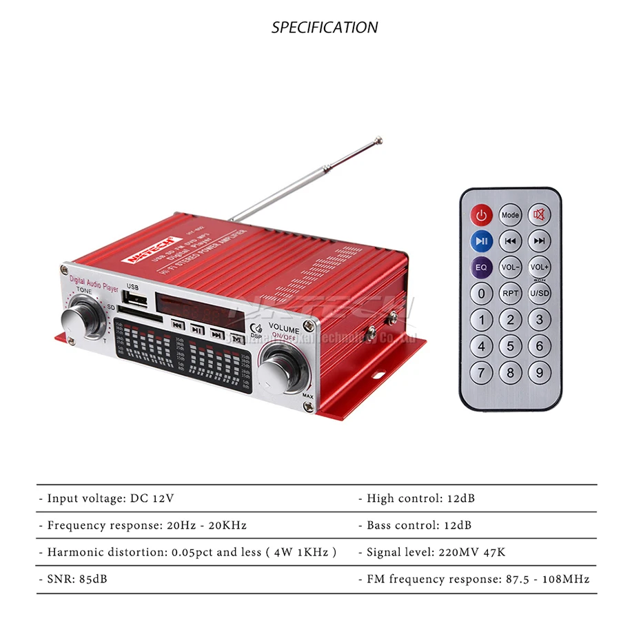 NKTECH HY-602 Car Digital Player Audio Power Amplifier 2CH 20W RMS DSP Hi-Fi Stereo TF USB FM DVD MP3 IR Remote Tone Volume Home