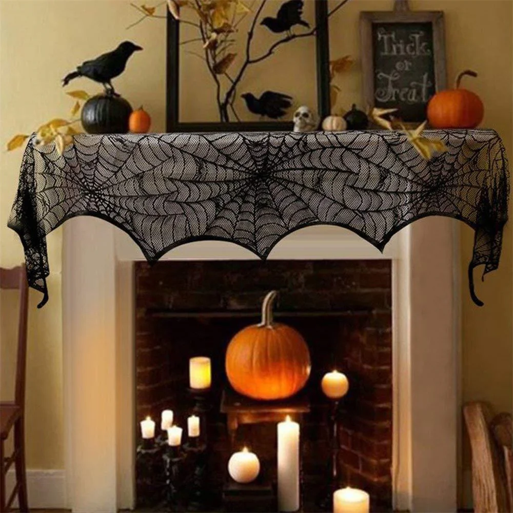 5 Pack Halloween Decorations Tablecloth Set Black Lace Table Runner Spider Cobweb Table Cover Mantel for Halloween Party Decor